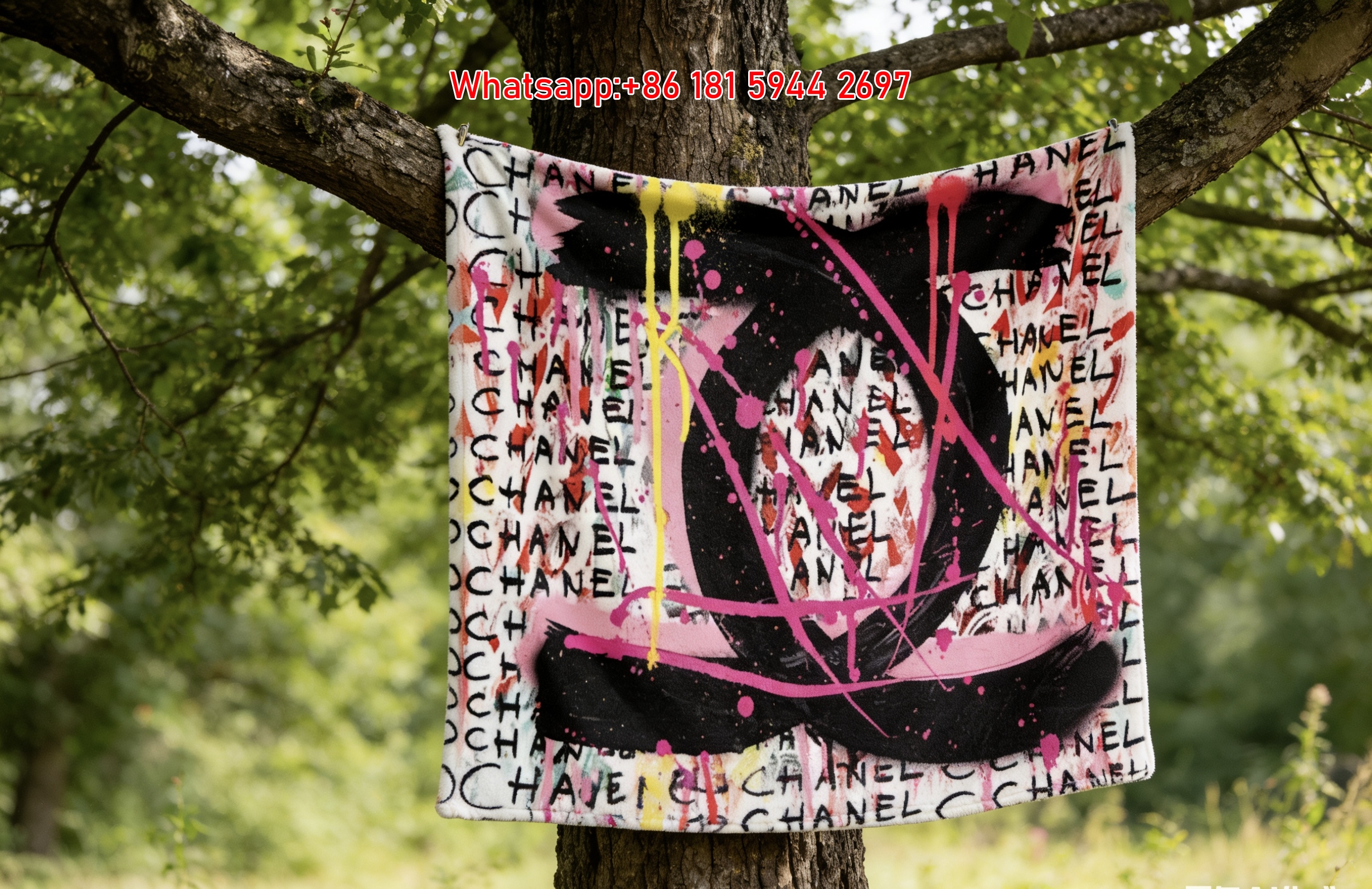 Chanel Luxury Graffiti Drip Logo Print Flannel Throw Blanket IMG_6942